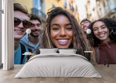 Multiracial group of friends taking selfie pic outside - Happy different young people having fun walking in city center - Youth lifestyle concept with, Generative AI Wall mural