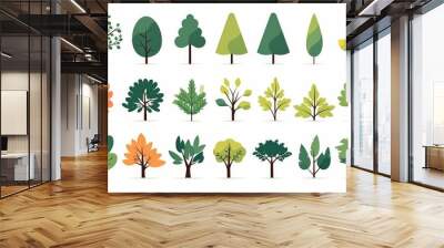 Simple trees bushes. Cartoon forest plants with foliage, minimal shrub botanical garden nature elements.  flat set, Generative AI Wall mural