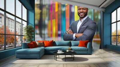 Smiling african american businessman CEO standing proud with arms crossed outside office workplace, colorful, reflective glass building, copy space, Generative AI Wall mural