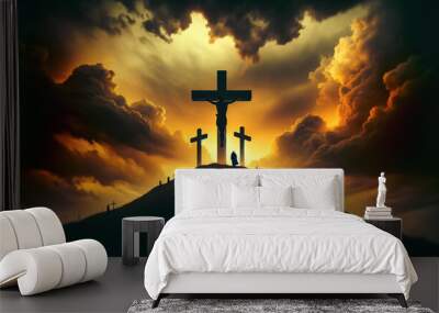 Three Crosses Atop a Hill With Clouds in the Background Wall mural