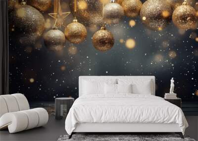 Christmas background, wallpaper with christmas lights, ornamental ball, glitter and decorations, gold with Generative AI Wall mural