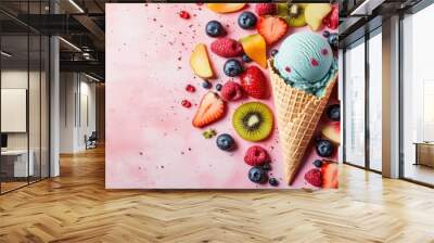 A single scoop of blue ice cream in a waffle cone surrounded by fresh fruit on a pink background. Wall mural