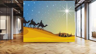 classic three magi scene and shining star of bethlehem. Wall mural