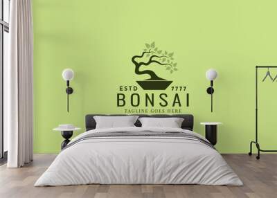 Vintage Bonsai Tree Logo Design Inspiration. Vector illustration of aesthetic bonsai and potted plants. Bonsai tree from chinese and japanese culture brand identity for Hotel retro brand logo. Wall mural