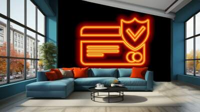 credit card protection icon. Orange neon style on black backgrou Wall mural