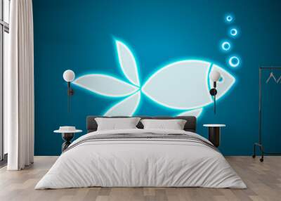 Fish with bubbles icon. Neon style. Light decoration icon. Brigh Wall mural