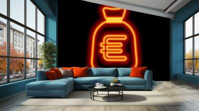 Money bag with euro. Full moneybag icon. Orange neon style on bl Wall mural