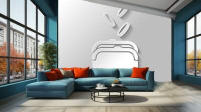 Purse and falling coins. Paper style with shadow on gray backgro Wall mural