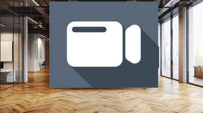 Simple video camera icon. White flat icon with long shadow on ba Wall mural