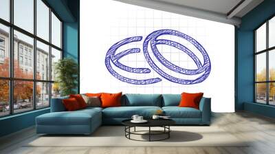 Wedding rings, pair crossed and linked circles, linear outline icon. Hand drawn sketched picture with scribble fill. Blue ink. Doodle on white background Wall mural