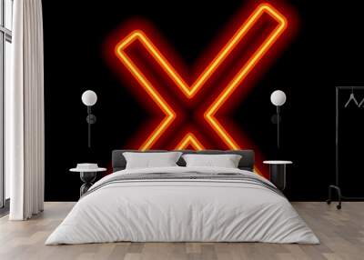 Wrong mark icon. Orange neon style on black background. Light ic Wall mural