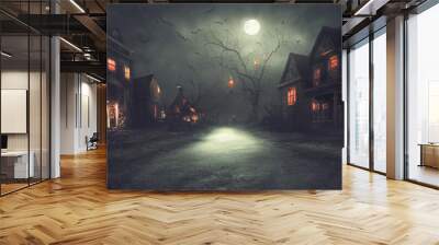 3D illustration of a Halloween concept background of realistic horror house and creepy street with moonlight. Wall mural