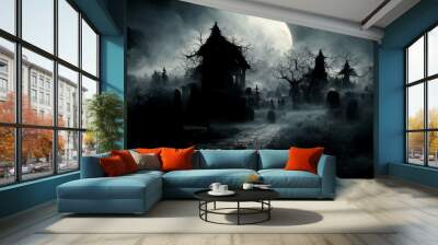 3D illustration of a Halloween concept dark background of a castle and graveyard. Horror background In foggy weather. Happy Halloween Wall mural