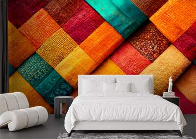 3D Render close up shot of indian fabric with colorful pattern. Abstract background. Wall mural