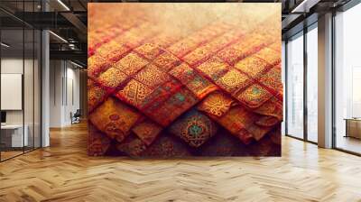 3D Render close up shot of indian fabric with colorful pattern. Abstract background. Wall mural