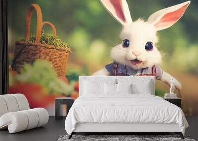 3D render cute little rabbit peasant dressed in overalls in garden full of vegetable and easter eggs Wall mural