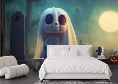 3D render ghost as a cute chibi figure in a graveyard for Halloween Wall mural