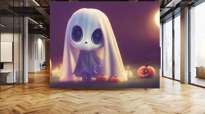 3D render ghost as a cute chibi figure in a graveyard for Halloween Wall mural