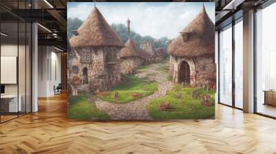 3D render of fantasy medieval village with a lot of buildings. Digital art illustration Wall mural