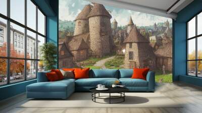 3D render of fantasy medieval village with a lot of buildings. Digital art illustration Wall mural