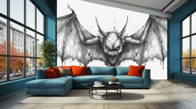 A gothic-style bat tattoo with spread wings in black ink against a plain white background looks striking Wall mural