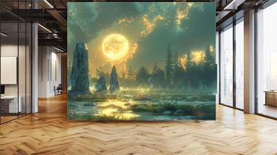 Ancient ritual in a moonlit forest, encircling stones, mystical energy flowed. Wall mural