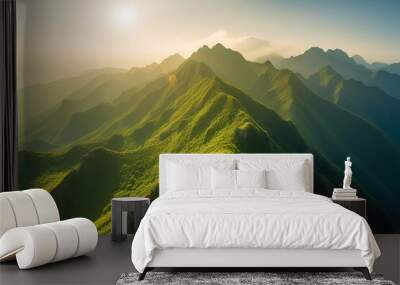 Beautiful sunrise over the green mountains in morning light with fluffy clouds on a bright blue sky. Nature freshness concept Wall mural