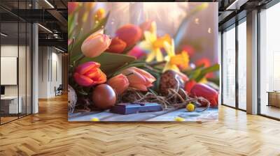 Bright tulips and daffodils, chocolate eggs on a rustic wooden table under sunrise light create a festive Easter scene Wall mural