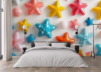 Bulletin board magnets in fun, whimsical shapes on a vibrant white backdrop add a touch of charm to any space. Wall mural