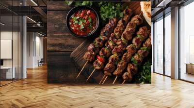 Celebrate International Kebab Day with a flat lay of kebabs, pita bread, and sauces on a wooden background. Top view with space for text. Wall mural