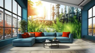 Chemical industrial plant surrounded by green trees and blue sky on a summer day. Wall mural