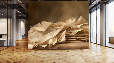 Close up of a piece of crinkled parchment, with sepia-toned streaks and creases. It looks like an old manuscript, with a story to tell. Wall mural