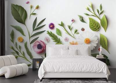 Composition of flowers. Frame pattern made from different dried flowers and leaves on white background. Flat lay, top view, copy space. Generative AI Wall mural