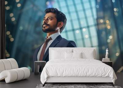 Confident rich eastern Indian businessman executive standing in a modern big city looking and dreaming of future business success, thinking of new goals, business vision, and leadership concept. Wall mural