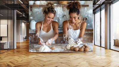 friends are baking cookies in the kitchen, in a playful mood, showcasing mixed ethnicities and weari Wall mural