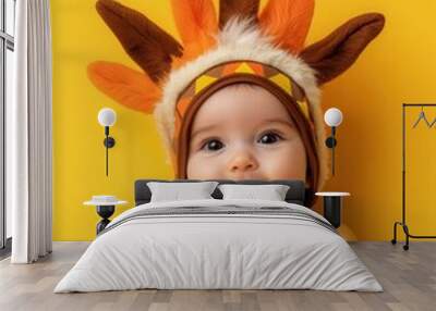 Halloween adorable baby costume with a cultural theme, festive and fun, isolated on yellow background. Wall mural