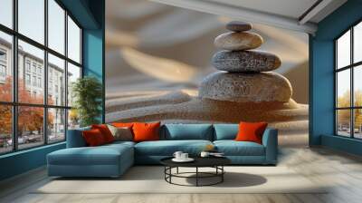 Minimalist image with three stones stacked against a sandy backdrop exudes a serene, zen atmosphere Wall mural