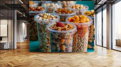 Office snacks, variety of healthy options, displayed on tray, isolated on mint background Wall mural