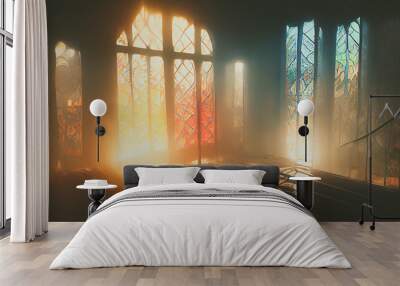 rainbow light swing through a stained glass window church. digital art background. Wall mural