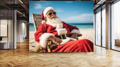 Santa Claus relaxing on tropical beach. He is lying on a sunlounger, sipping a cocktail, and enjoying the sunshine. Perfect for creating Christmas cards, posters, or other holiday themed designs. Wall mural