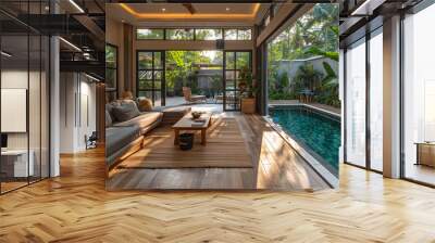  A living room with bright fresh colors in Bali style, a minimal style home in Asia with big windows, modern villa with big pool Wall mural