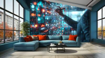 A man in a sharp suit writing on a wall with determination and purpose, Businessman moving digital datas with a tactile pen on hologram screen  Wall mural