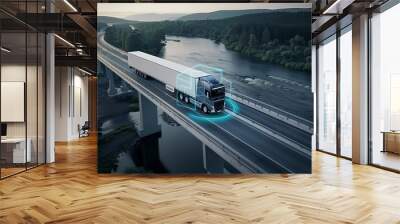 A semi truck gracefully crosses a bridge spanning a river, with the water glistening below and the sky stretching overhead, Autonomous semi-truck with a trailer, controlled by artificial intelligence, Wall mural