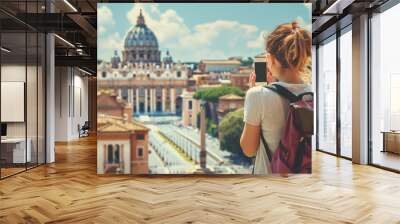 A woman stands on a rooftop, capturing the cityscape with her camera, the bustling city below her a vibrant tapestry of lights and movement, city trip Rome Wall mural