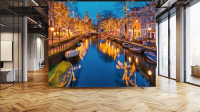 Amsterdam Netherlands canals with Christmas lights during December, canal historical center of Amsterdam at night. Europe Wall mural