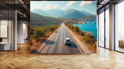 car driving on the road of Europe. road landscape in summer. beachside highway. Highway view on the coast on the way to summer vacation. Turkey trip on beautiful travel road Wall mural