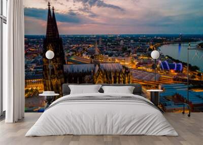 Colgne Koln Cathedral during sunset , drone aerial vie over Cologne and the river rhein during sunset in Germany Europe dusk Wall mural