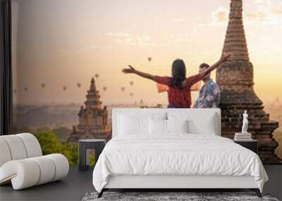 couple Bagan Myanmar watching sunrise old historical temple pagoda Myanmar Bagan sunset Wall mural