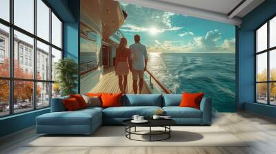 couple on a wooden deck of a cruise ship, a Luxury cruise ship travel elegant tourist man and woman on the balcony deck of a luxury yacht, Summer vacation cruise ship, copy space Wall mural