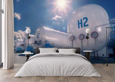 Hydrogen Gas tank renewable energy production - hydrogen gas pipeline for clean electricity solar and wind turbine facility. green energy Wall mural